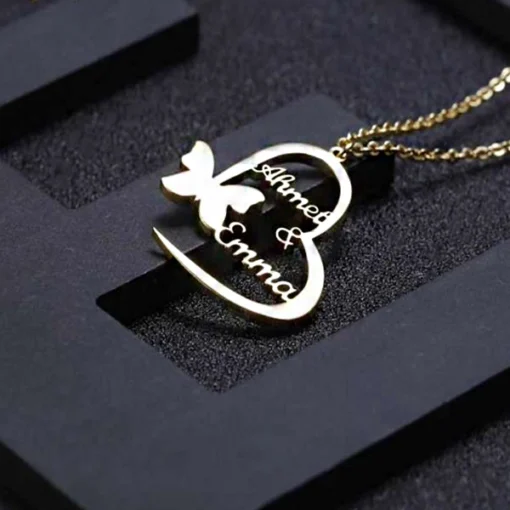 Custom Butterfly Heart Necklace Silver