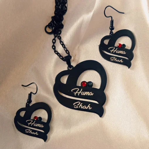Personalized Black Pendant with Earrings