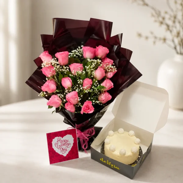 Elegant Pink Roses & Raffaello Cake Combo
