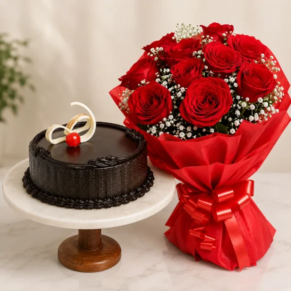 Luxury Red Roses & Chocolate Cake Combo