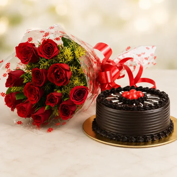 Red Roses & Chocolate Cake Surprise