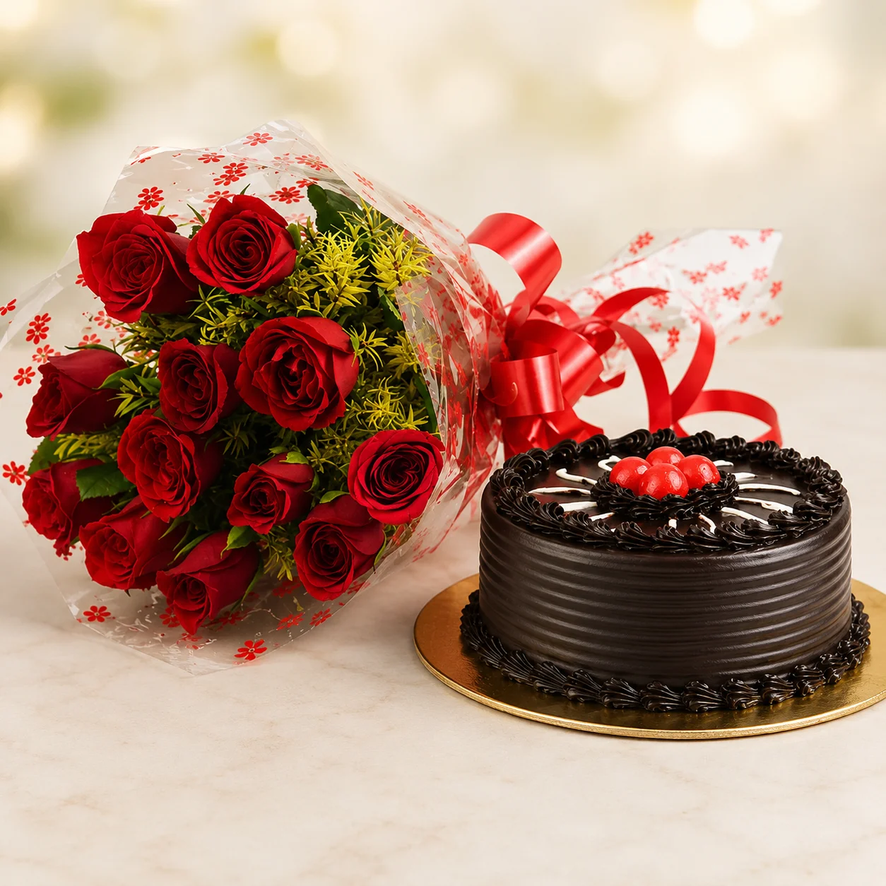 Red Roses & Chocolate Cake Surprise