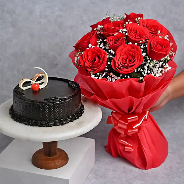 Luxury Red Roses & Chocolate Cake Combo