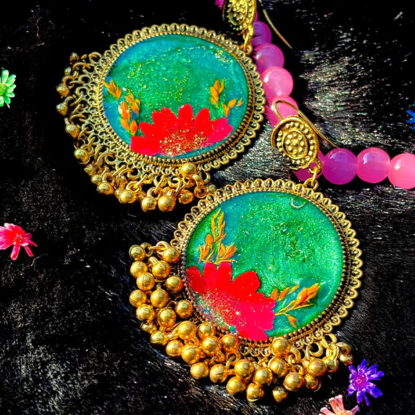 Emerald Resin Art Earrings Red
