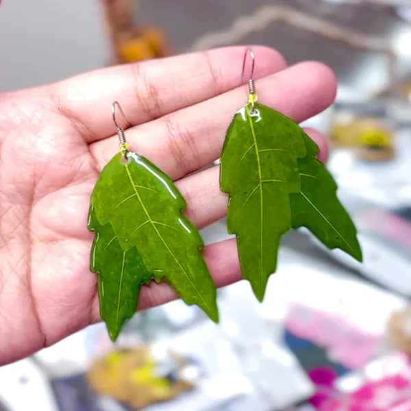 Glow Resin Leaf Earrings Green